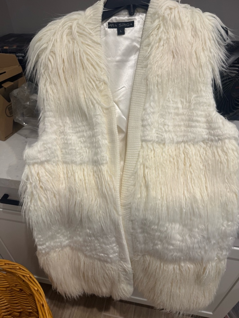 Via Spiga Ivory Textured Faux Fur Open Vest